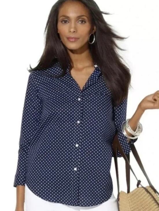 Ralph Lauren Tops - Ralph Lauren Non Iron Polka Dot Button Down Shirt Blue White 3/4 Sleeve LARGE